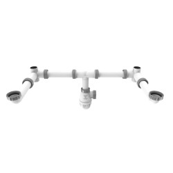 Tubulure gain d'espace bi-matière pour double vasque H sous lavabo 43mm entraxe réglable D32 débit 39l/mn - 2 prises trop plein