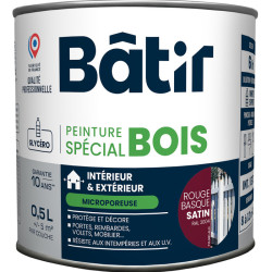 Peinture spécial bois - Bâtir - Coloris rouge basque  satin - 0,5 L - 0.5l - Aspect : Satiné - 1Pc